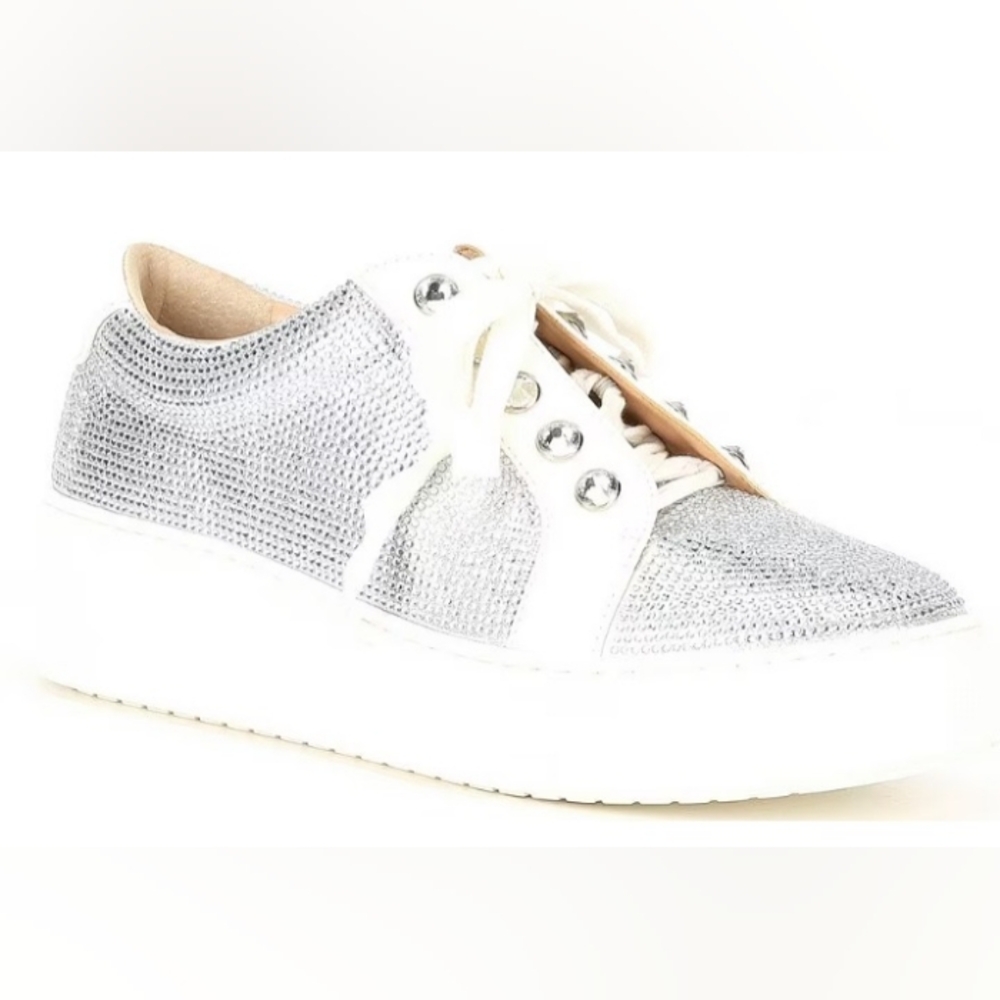 Alex Marie Wrenna Three Rhinestone Embellished Shimmer Fabric Platform Sneakers